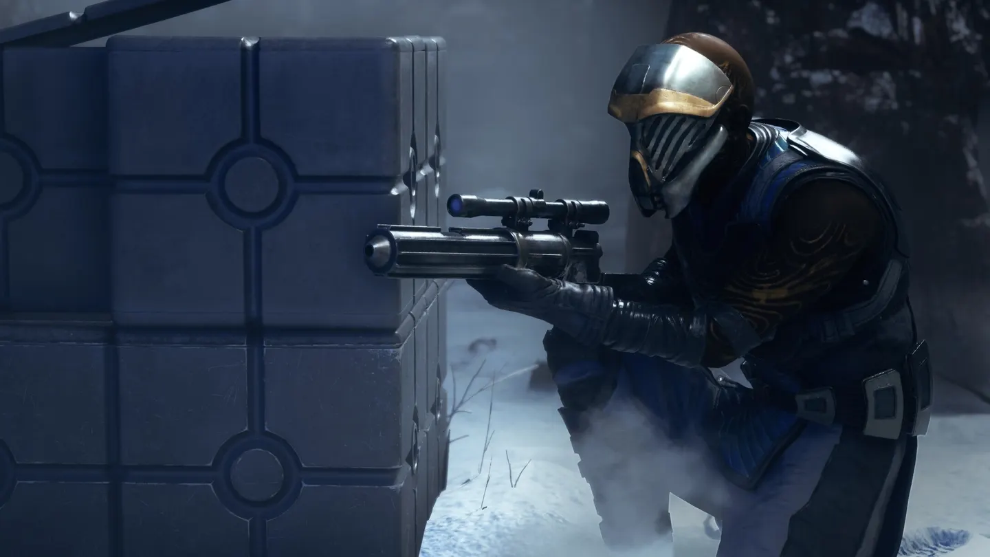 An armored Infinite Coil fighter aims a scoped blaster from behind cover in a snowy environment.