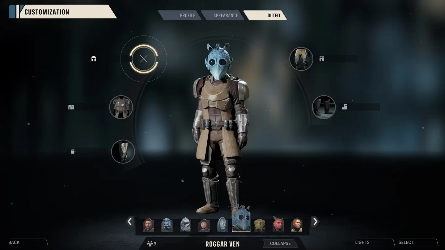The Zero Company customization interface showing an Operator, outfit slots, and selectable character portraits.