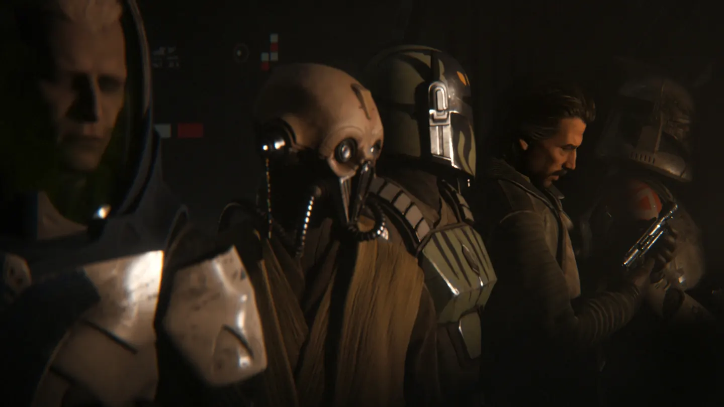 Zero Company Operators standing together inside a dimly lit transport.