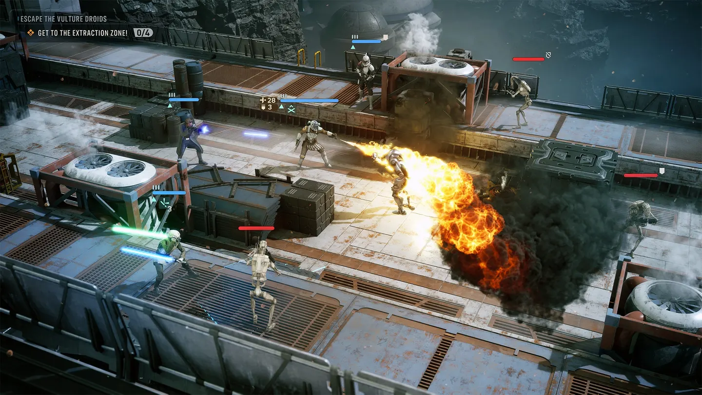 A turn-based battle on an industrial platform with Operators fighting battle droids amid cover and explosions.