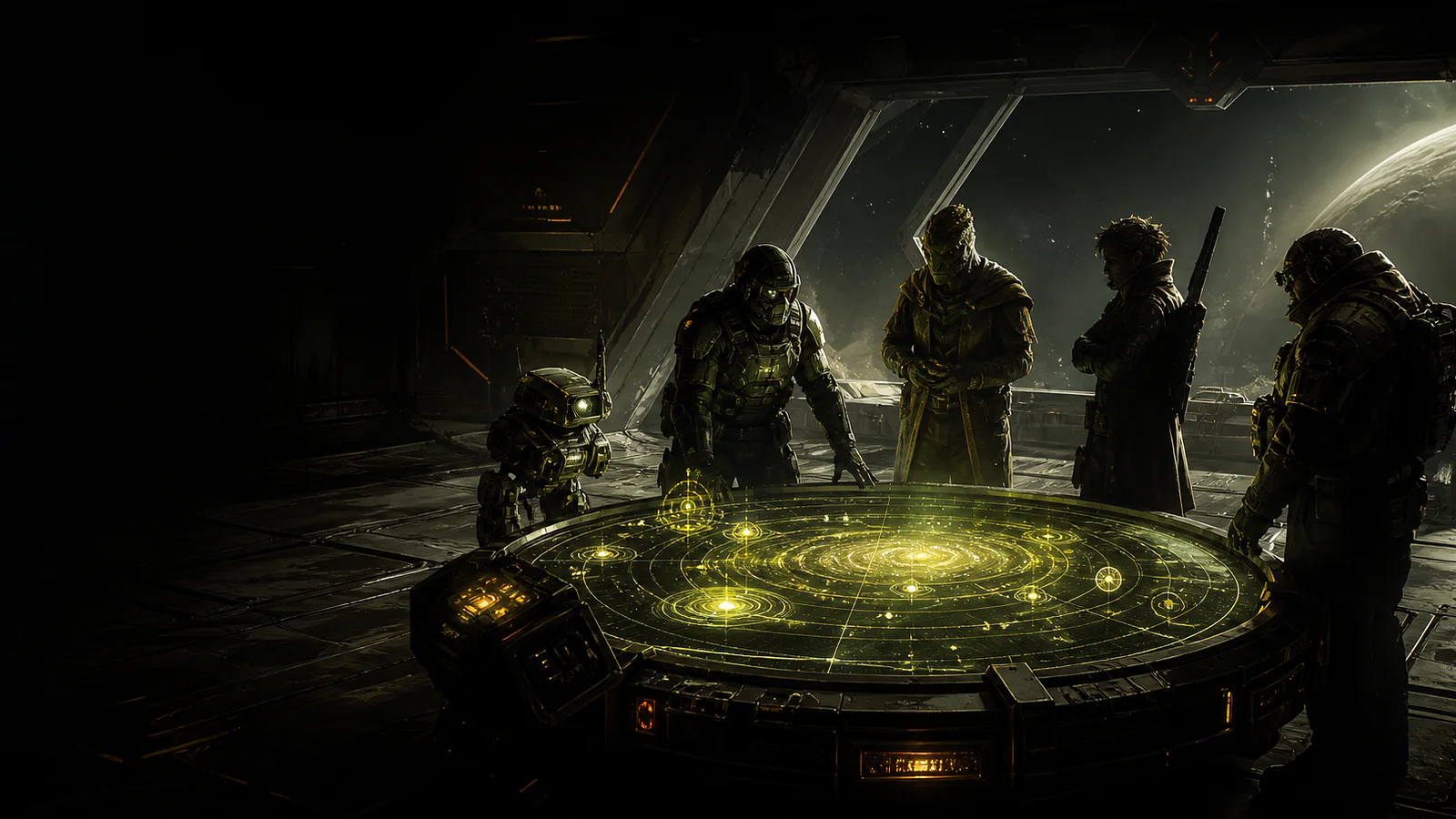 An original illustration of five covert operatives studying a holographic star map inside a dark command bay.
